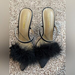 Fashion Nova Black Fur Pointed Stiletto Sandals with Gold Heel